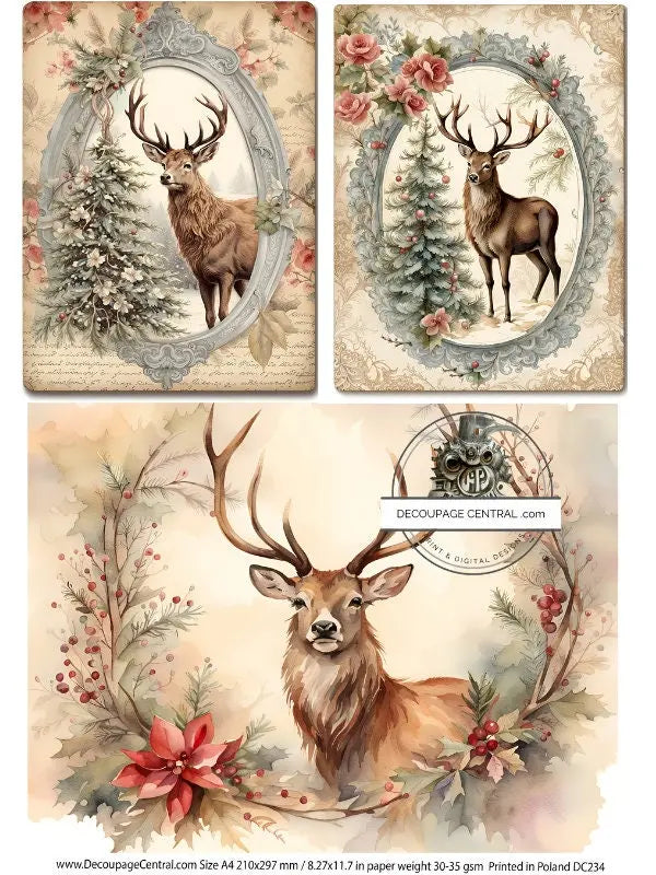 Decoupage Central, Holiday, Stag, Floral, Christmas, Deer, Shabby chic, DC234, Rice Paper, Decoupage, Mixed Media, A4 8.27x11.69 in Decoupage Central
