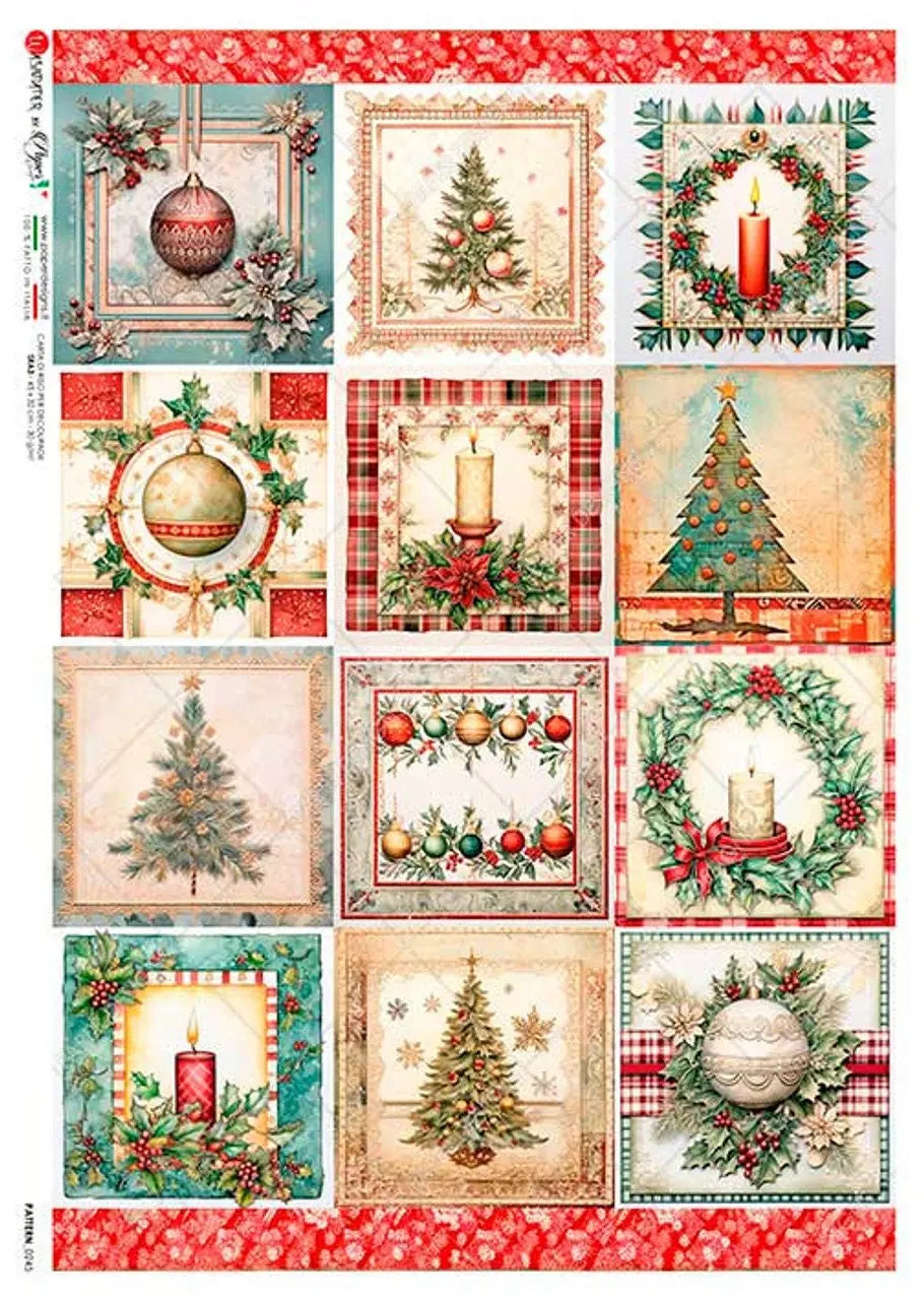 Paper Designs, 2023 Christmas Release, Festive Squares, Trees, Wreaths, Decorations, Ornaments, 0245 A4 8.3 X 11.7 Rice Paper for Decoupage Paper Designs