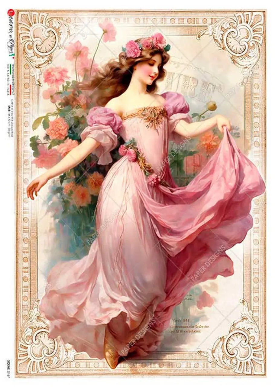 Paper Designs, 2023 Release, Pink, Floral, Princess Shabby Chic, Vintage Style, Rice Paper, Decoupage, Mixed Media, 0167, A4 8.3" X 11.7" Paper Designs