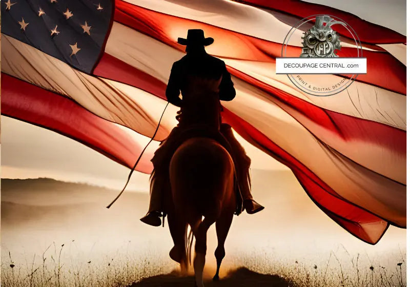 Decoupage Central, Ultimate, Cowboy, American Flag, Patriotic, Horse, Country, DC146, Rice Paper, Decoupage, Mixed Media, A4 8.27 X 11.69 in Decoupage Central