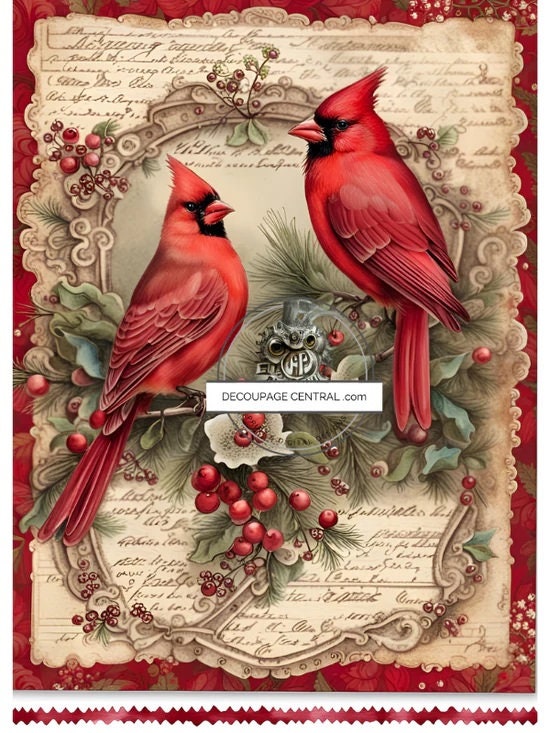 Decoupage Central, Holiday, Cardinals, Christmas, Vintage Style, Shabby chic, DC153, Rice Paper, Decoupage, Mixed Media, A4 8.27x11.69 in