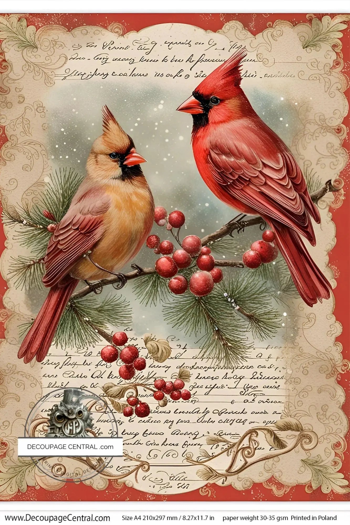 Decoupage Central, Holiday, Cardinals, Christmas, Vintage Style, Shabby Chic, DC118, Rice Paper, Decoupage, Mixed Media, A4 8.27x11.69 in Decoupage Central