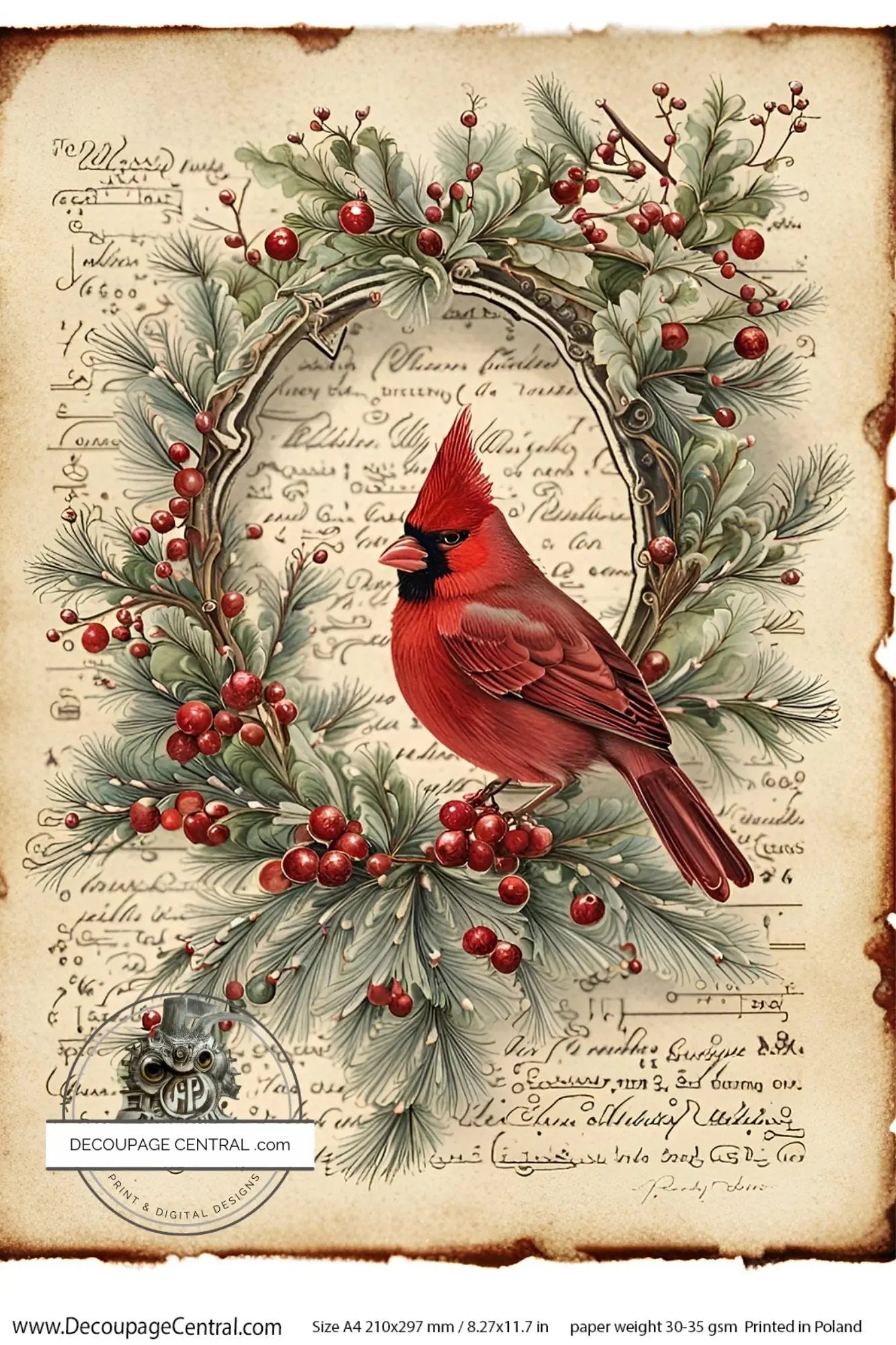 Decoupage Central, Holiday, Cardinal, Christmas, Vintage Style, Shabby Chic, DC117, Rice Paper, Decoupage, Mixed Media, A4 8.27x11.69 in Decoupage Central
