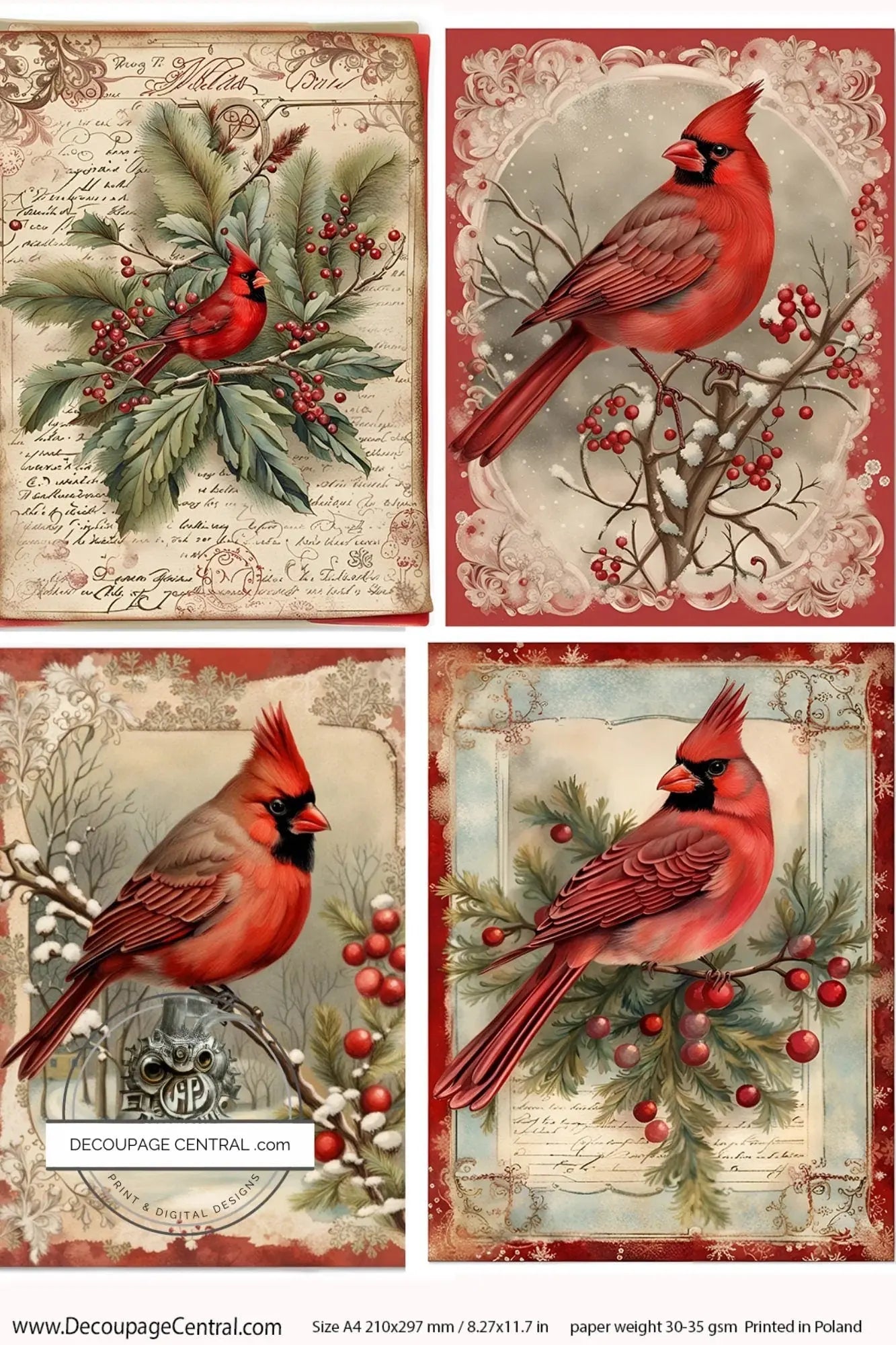 Decoupage Central, Holiday, Cardinals, Christmas, Squares, Vintage Style, DC115, Rice Paper, Decoupage, Mixed Media, A4 8.2x11.6 Decoupage Central