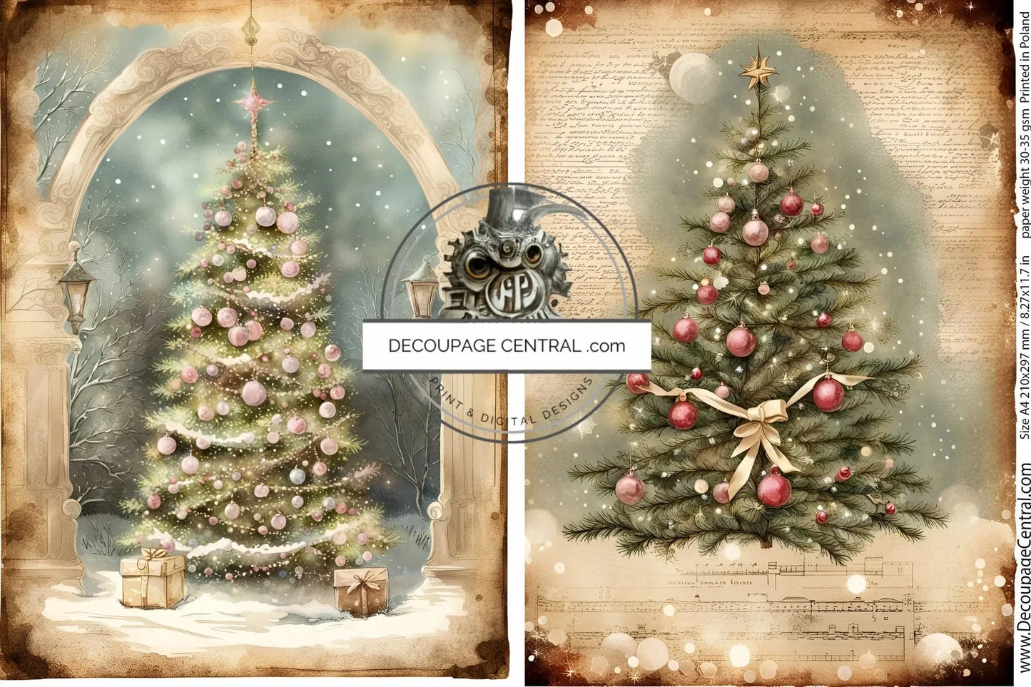 Decoupage Central, Holiday, Christmas, Trees, Squares, Vintage Style, Shabby Chic, DC124, Rice Paper, Decoupage, Mixed Media, A4 8.27x11.69 Decoupage Central