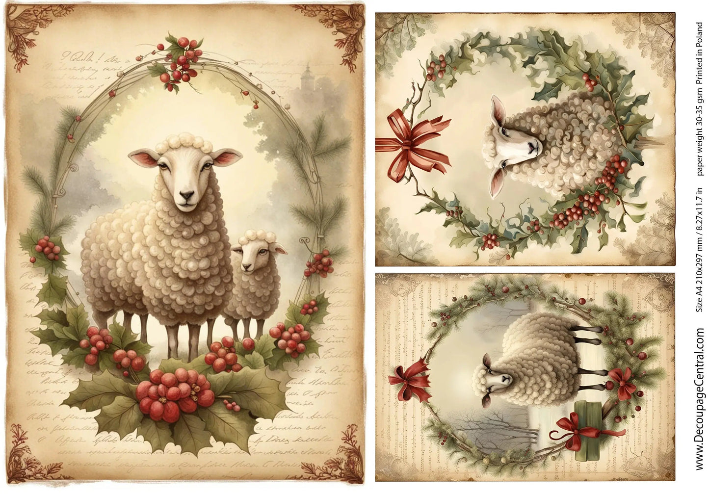 Decoupage Central, Christmas, Framed, Sheep, Holly, Vintage, Shabby Chic Style, DC120, Rice Paper, Decoupage, Mixed Media, A4 8.2x11.6 Decoupage Central