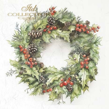 ITD Collection, Rice Paper, Mini Set, Decoupage RSM100, 6 sheets, 14,8x14,8 cm, Christmas Wreaths, Holiday Decorations, Rounds, Ornaments