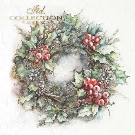 ITD Collection, Rice Paper, Mini Set, Decoupage RSM100, 6 sheets, 14,8x14,8 cm, Christmas Wreaths, Holiday Decorations, Rounds, Ornaments