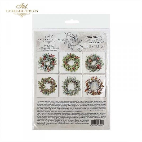 ITD Collection, Rice Paper, Mini Set, Decoupage RSM100, 6 sheets, 14,8x14,8 cm, Christmas Wreaths, Holiday Decorations, Rounds, Ornaments