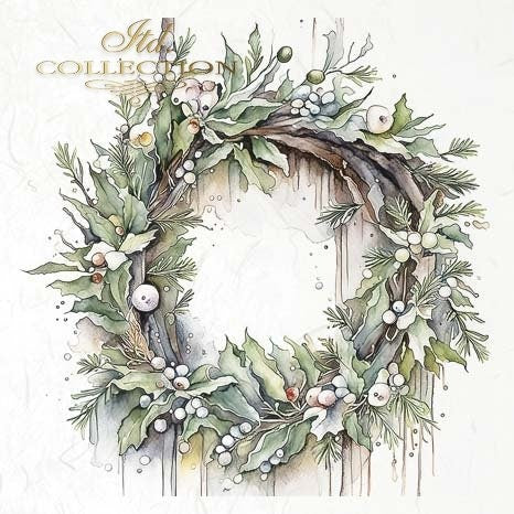 ITD Collection, Rice Paper, Mini Set, Decoupage RSM100, 6 sheets, 14,8x14,8 cm, Christmas Wreaths, Holiday Decorations, Rounds, Ornaments