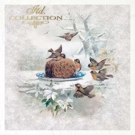 ITD Collection Rice Paper Mini Set for Decoupage RSM084, 6 sheets of rice paper 14,8x14,8 cm, Winter, Birds, Snow, Ornaments, Decorations ITD Collection