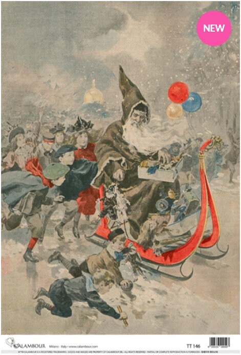 Calambour, Italian Design, Christmas Collection, Antique, Vintage, Santa, Sleigh, Children, Holiday, TT146, Rice Paper, Decoupage 9.7"x13.5"
