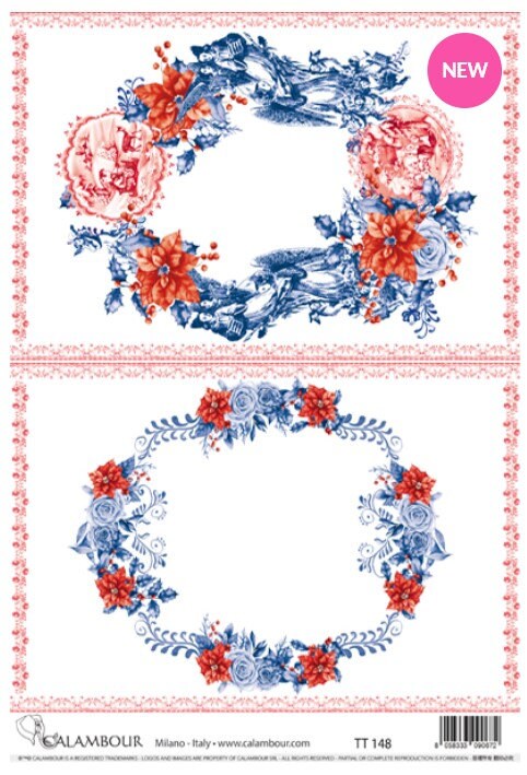 Calambour, Italian Design, Blue Christmas Collection, Festive Garland, Floral, Rose, Ovals, TT148 Mulberry Rice Paper, Decoupage, 9.7"x13.5"
