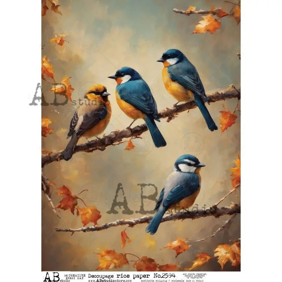 AB Studio, Rice Paper for Decoupage, Romantic, Shabby Chic, Blue Birds, Fall Leaves, Branches, 2594, A4 8.27 X 11.69 Imported Poland AB Studio
