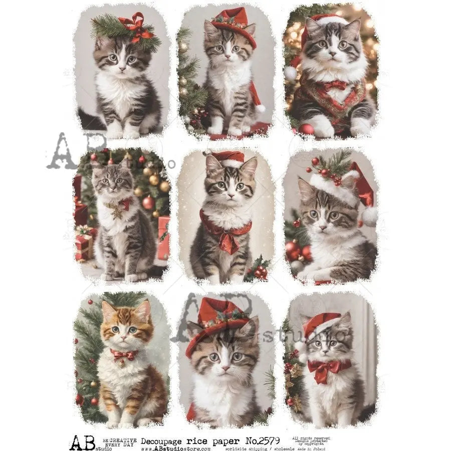 AB Studio Christmas Cat, Kittens, Cats, Santa, Ornament, Squares, 2579 Size: A4 - 8.27 X 11.69 in Rice Paper for Decoupage Imported Poland AB Studio