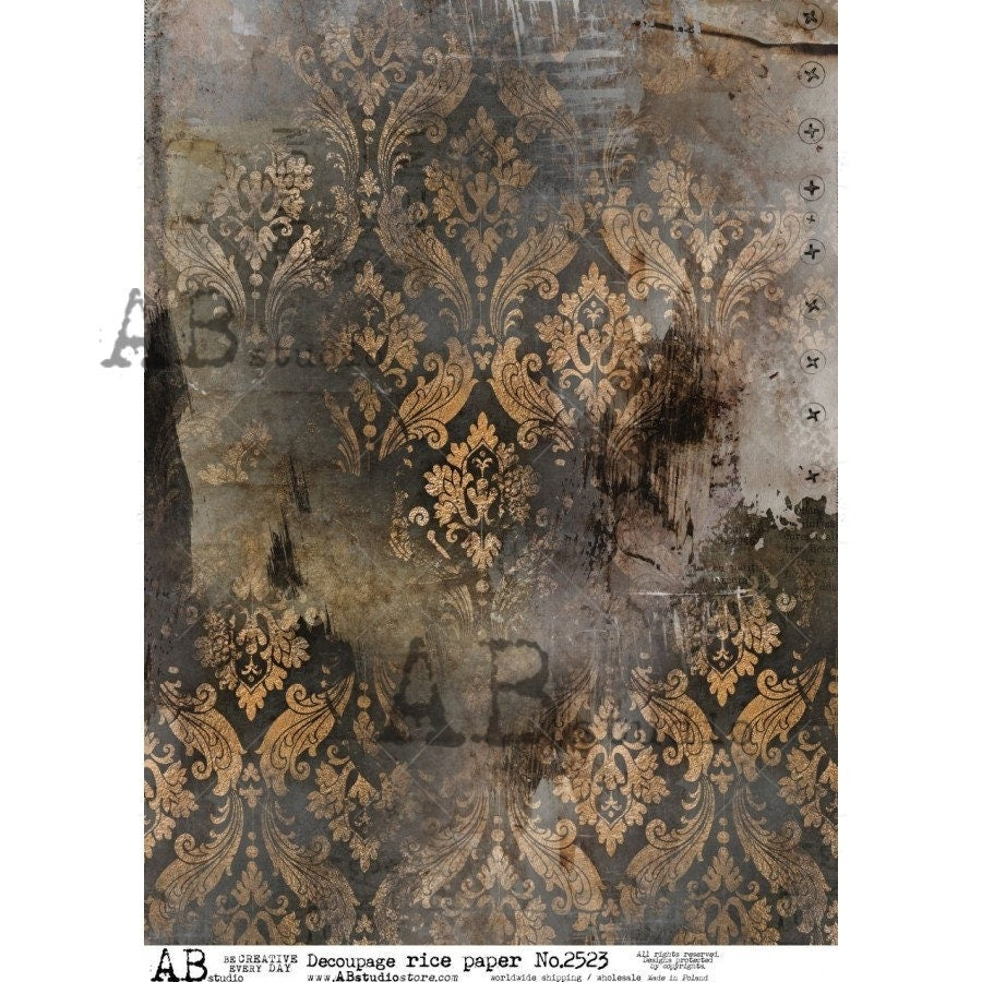 AB Studio Shabby Chic, Vintage, Gold, Black, Wallpaper, 2523, A4 - 8.27 X 11.69 inches Rice Paper for Decoupage Imported from Poland
