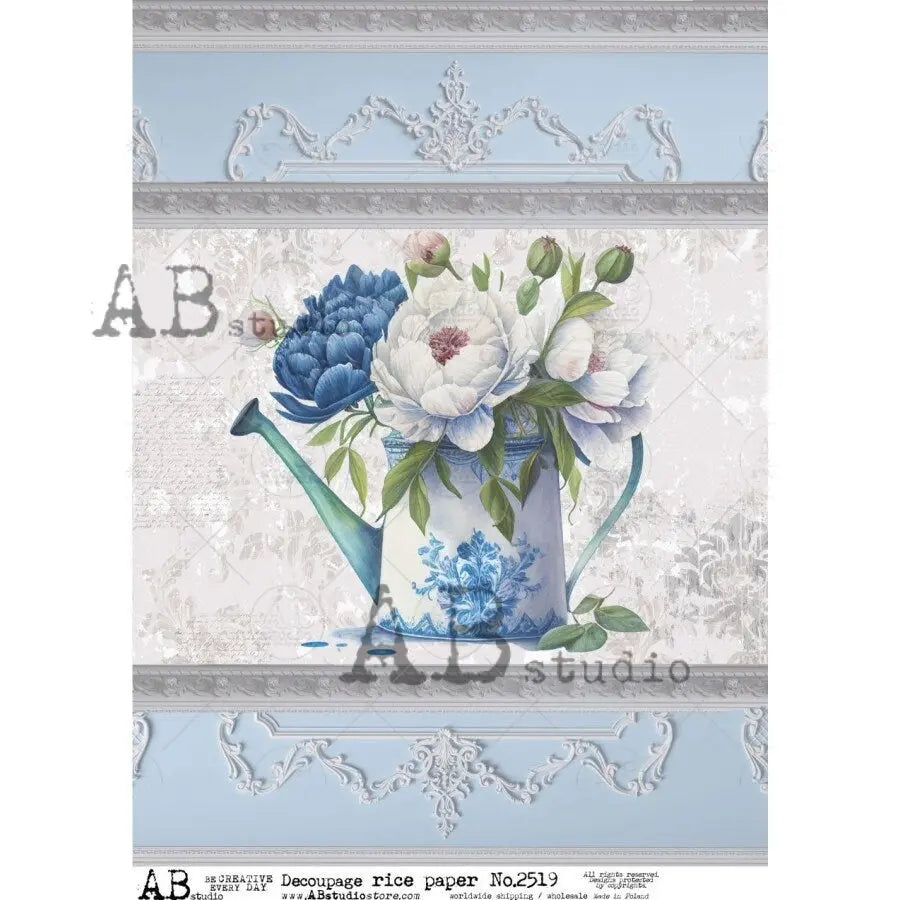 AB Studio Shabby Chic, Blue, White, Flowers, Lace, Watering Can, 2519, Size: A4 - 8.27 X 11.69 Rice Paper Decoupage Imported Poland AB Studio