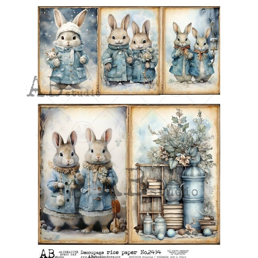 AB Studio Shabby Chic, Vintage, Blue, Bunny, Rabbit, Couple, Squares, 2494, A4 8.27 X 11.69 Rice Paper for Decoupage Imported from Poland