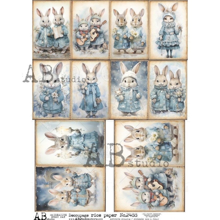 AB Studio Shabby Chic, Vintage, Blue, Bunny, Rabbit, Couple, Squares, 2488, A4 8.27 X 11.69 Rice Paper for Decoupage Imported from Poland