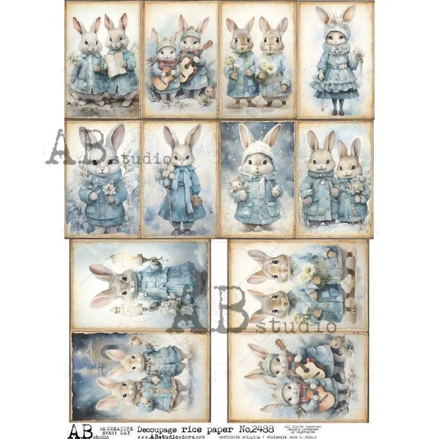 AB Studio Shabby Chic, Vintage, Blue, Bunny, Rabbit, Couple, Squares, 2488, A4 8.27 X 11.69 Rice Paper for Decoupage Imported from Poland AB Studio