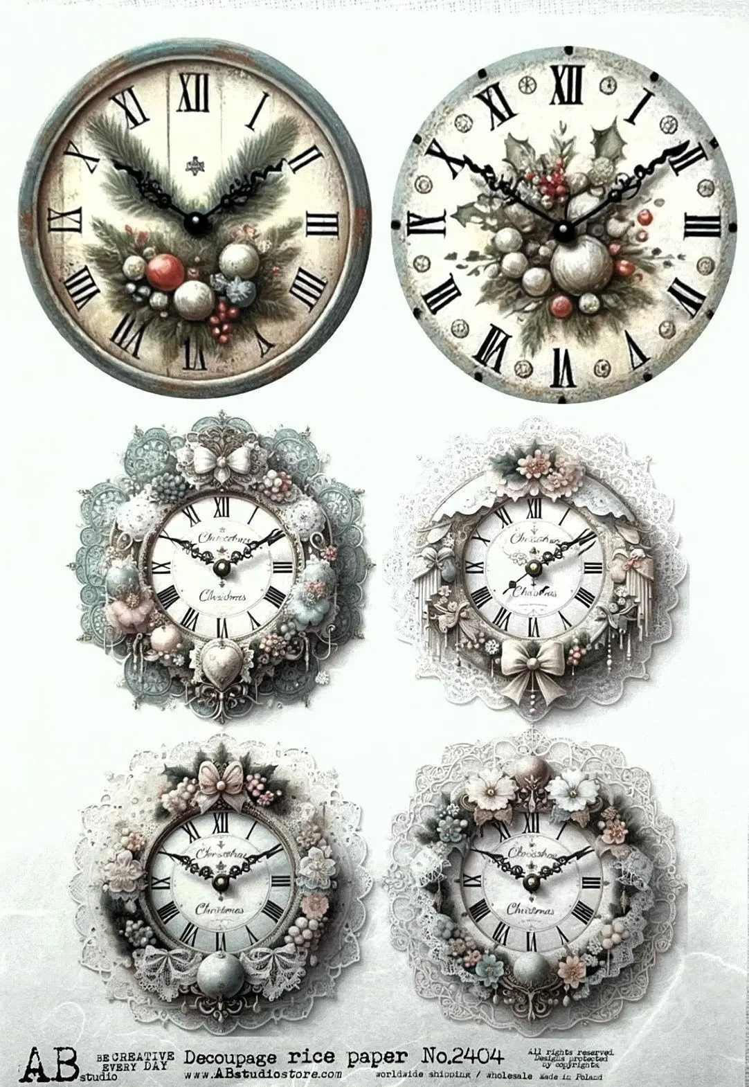AB Studio, Vintage Style, Clock Faces, Wreaths, Christmas, Ornament, Rounds, 2404, A4 8.27 X 11.69 in Rice Paper, Decoupage, Imported Poland AB Studio