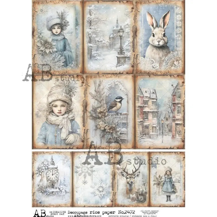 AB Studio, 2023 Release, Christmas, Bunny, Girl, Winter, Shabby Chic, Squares, 2472, A4 8.2 X 11.6 Rice Paper Decoupage, Imported Poland AB Studio