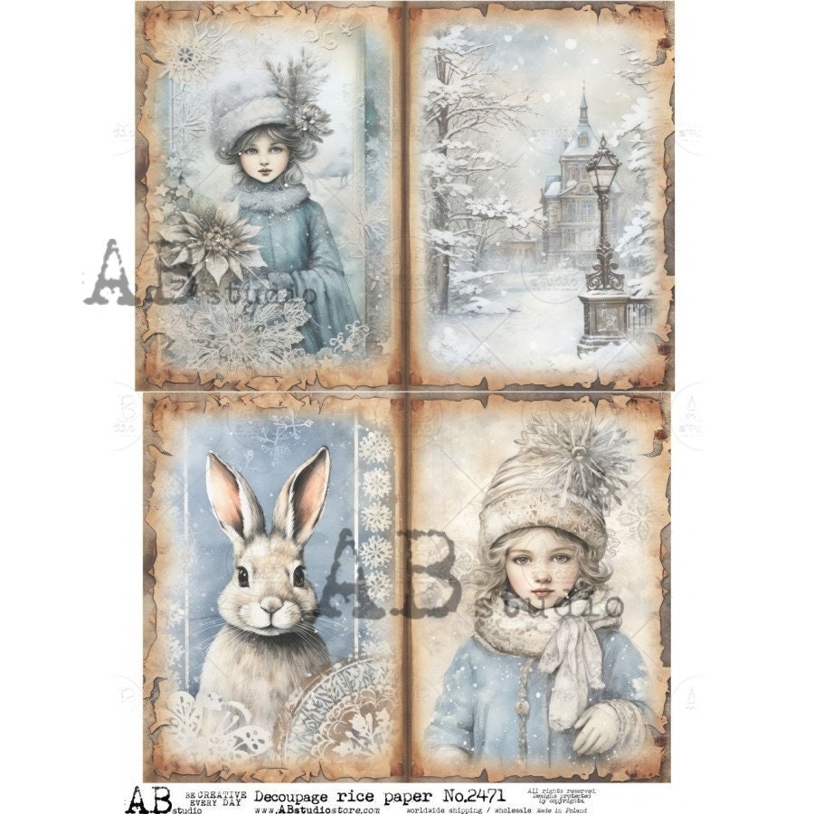 AB Studio, 2023 Release, Christmas, Bunny, Girl, Winter, Shabby Chic, Squares, 2471, A4 8.2 X 11.6 Rice Paper Decoupage, Imported Poland