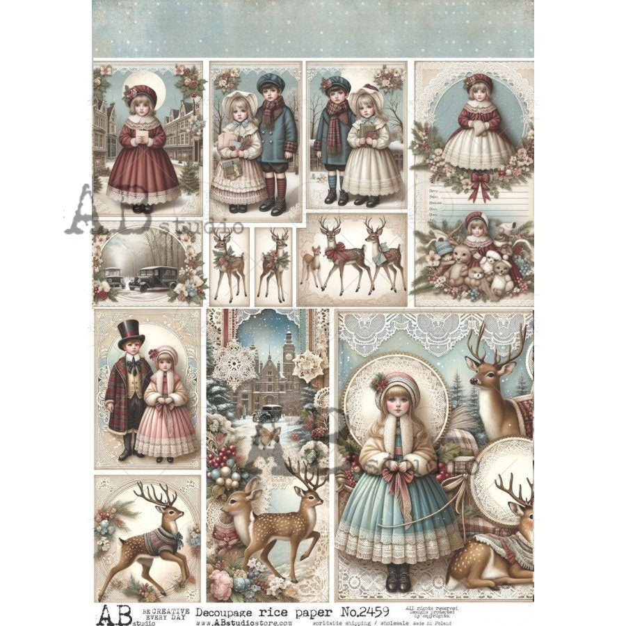 AB Studio, 2023 Release, Christmas, Vintage, Festive, Squares, Shabby Chic, 2459, A4 8.2 X 11.6 Rice Paper Decoupage, Imported Poland