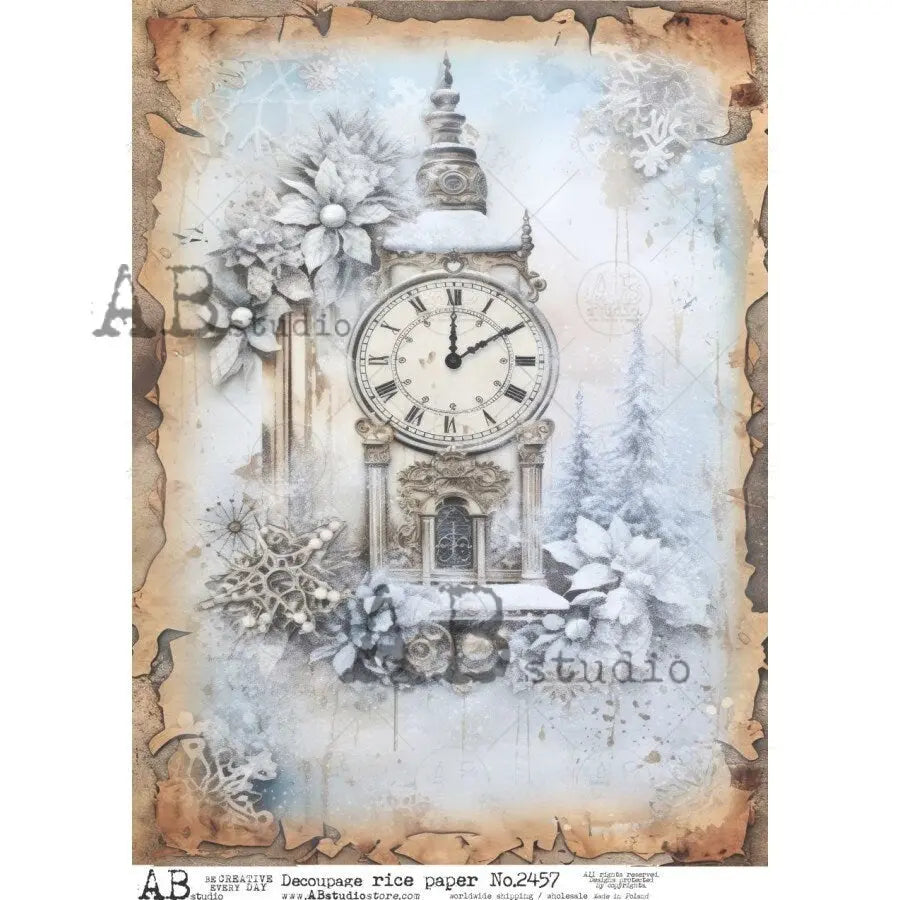 AB Studio, 2023 Release, Christmas, Winter Clock, Time Piece, Ice, Shabby Chic, 2457, A4 8.2 X 11.6 Rice Paper Decoupage, Imported Poland AB Studio