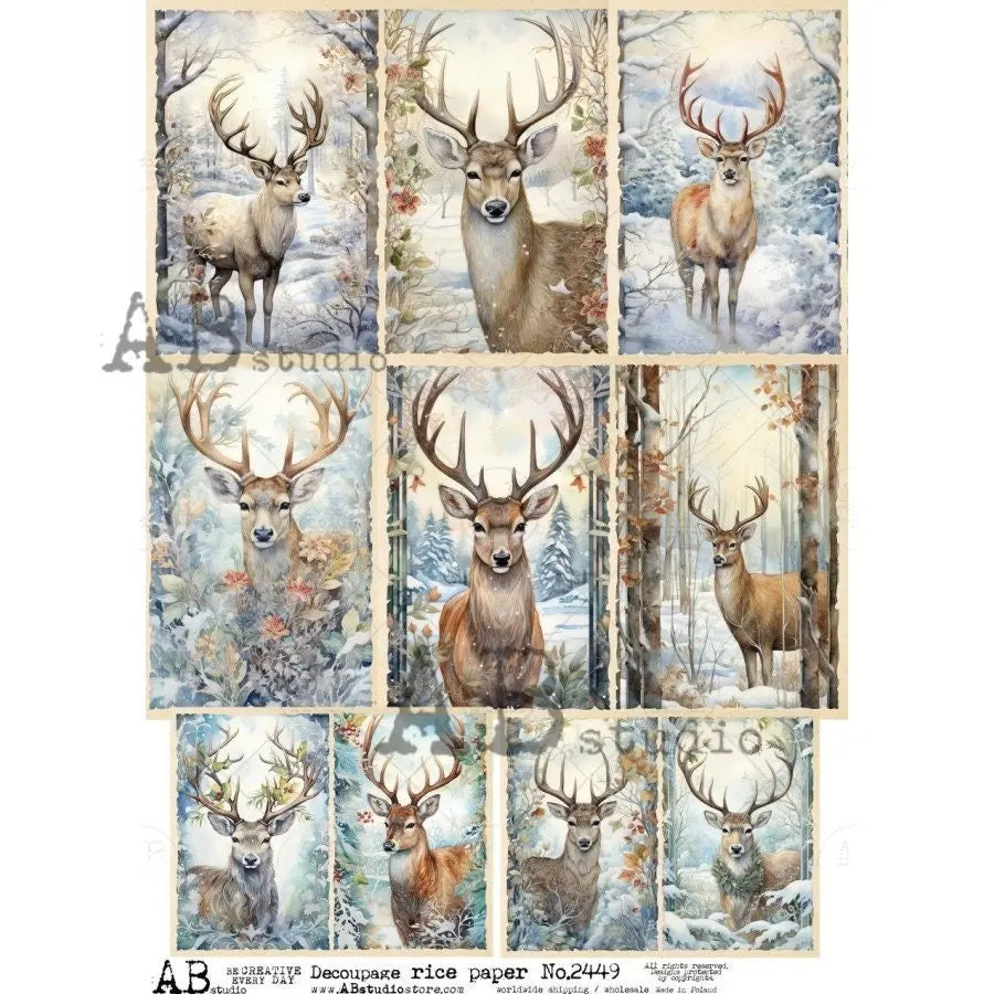 AB Studio, 2023 Release, Christmas, Deer, Forest, Squares, Winter, Shabby Chic, 2449, A4 8.2 X 11.6 Rice Paper Decoupage, Imported Poland AB Studio