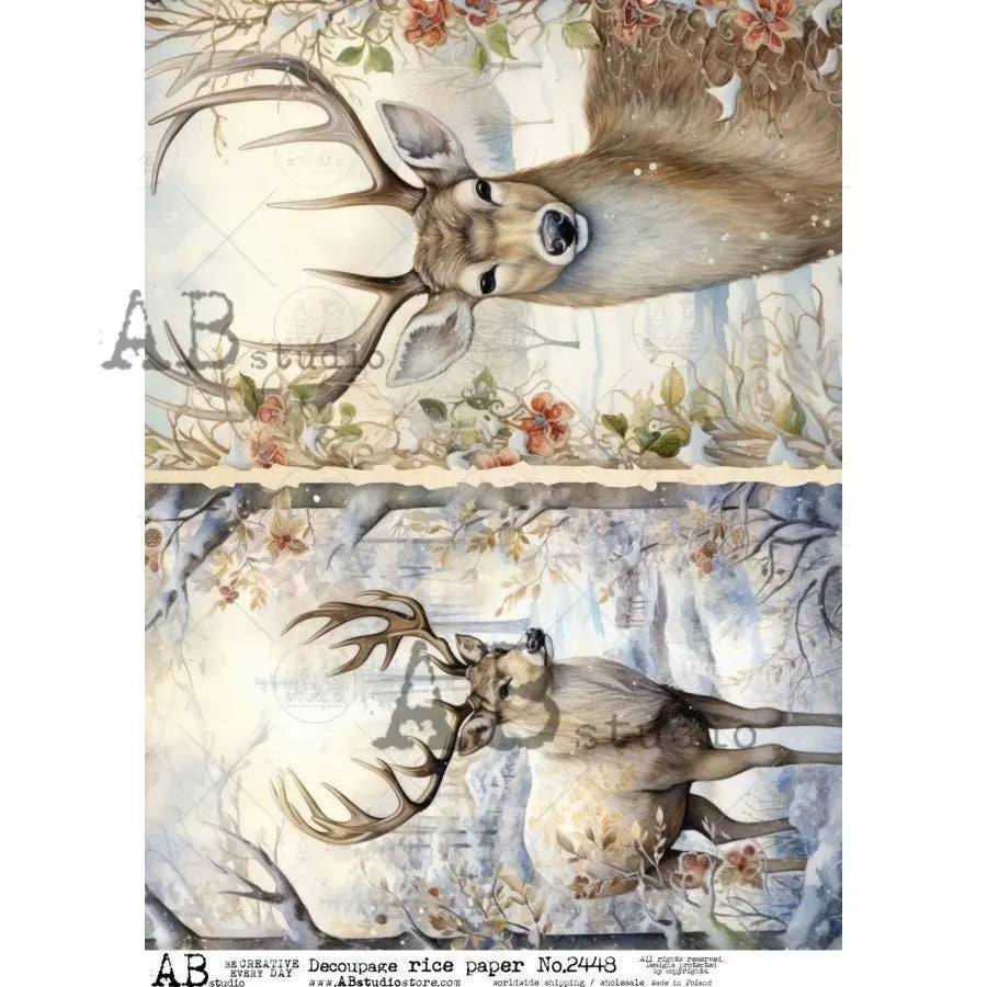 AB Studio, 2023 Release, Christmas, Deer, Forest, Sow, Winter Scenes, Shabby Chic, 2448, A4 8.2 X 11.6 Rice Paper Decoupage, Imported Poland AB Studio