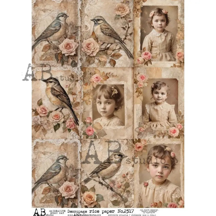 AB Studio, 2023 Release, Vintage Girl Portraits, Birds, Roses, Squares, Shabby Chic, 2317, A4 8.2X11.6 Rice Paper Decoupage, Imported Poland AB Studio