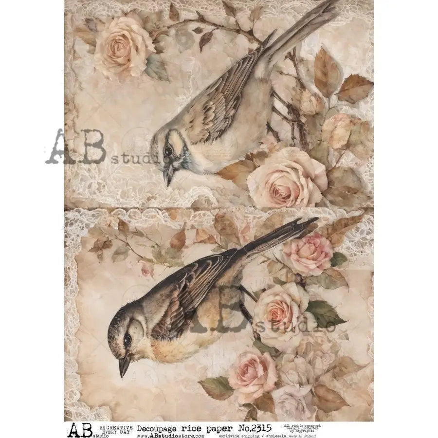 AB Studio, 2023 Release, Set 2, Birds, Pink Roses, Vintage Style, Shabby Chic, 2315, A4 8.2 X 11.6 Rice Paper Decoupage, Imported Poland AB Studio