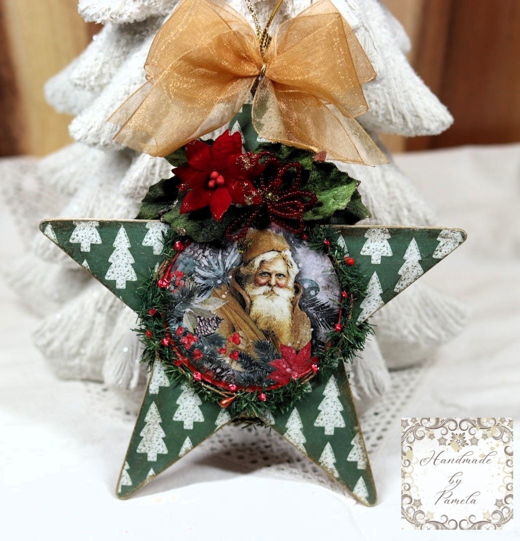 Handcrafted, Shabby Chic, Mixed Media, Vintage Style, Decoupage, MDF Star, Santa, Cardinal, Reversable, Christmas Ornament, Decoration