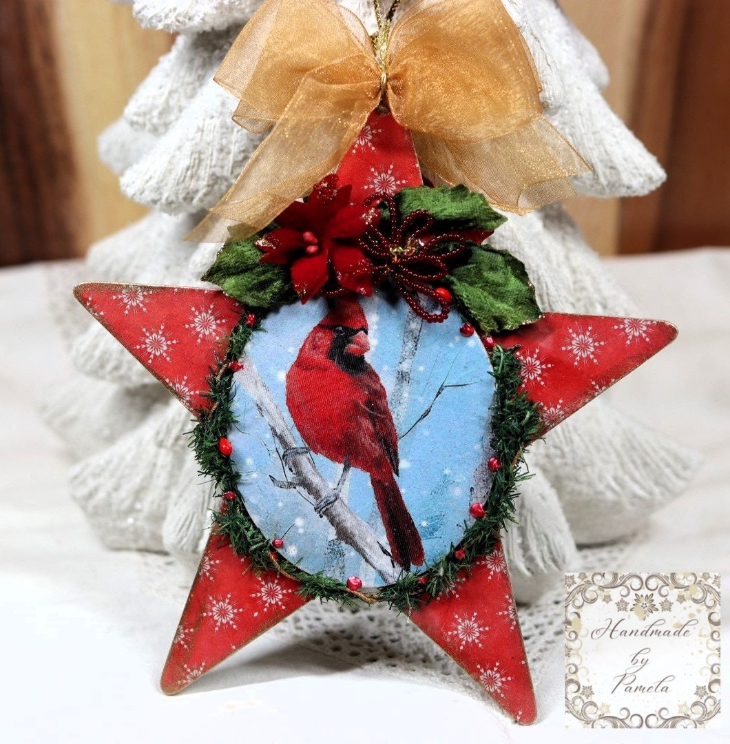 Handcrafted, Shabby Chic, Mixed Media, Vintage Style, Decoupage, MDF Star, Santa, Cardinal, Reversable, Christmas Ornament, Decoration