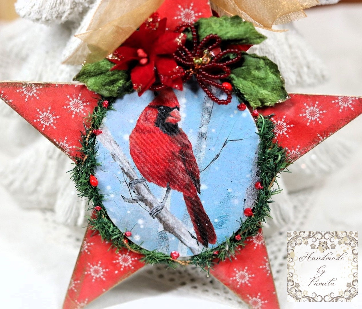 Handcrafted, Shabby Chic, Mixed Media, Vintage Style, Decoupage, MDF Star, Santa, Cardinal, Reversable, Christmas Ornament, Decoration
