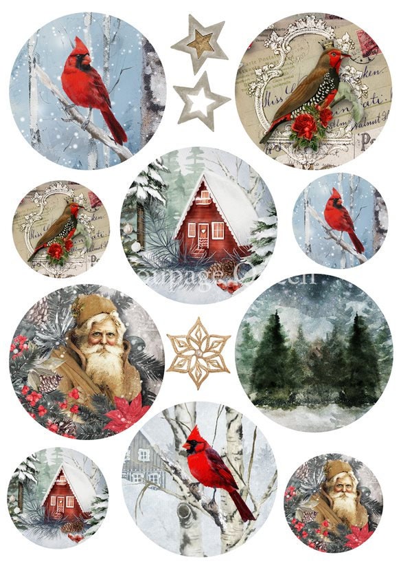 Handcrafted, Shabby Chic, Mixed Media, Vintage Style, Decoupage, MDF Star, Santa, Cardinal, Reversable, Christmas Ornament, Decoration