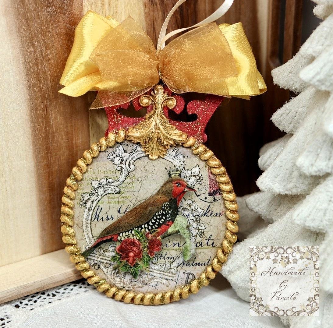 Handcrafted, Christmas Ornament, MDF, Decoupage, Mixed Media, Crown, Royalty, Bird, Vintage, Shabby Chic style, Gold, Red, Collectible