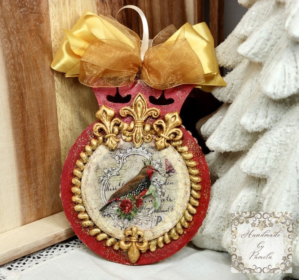 Handcrafted, Christmas Ornament, MDF, Decoupage, Mixed Media, Crown, Royalty, Bird, Vintage, Shabby Chic style, Gold, Red, Collectible