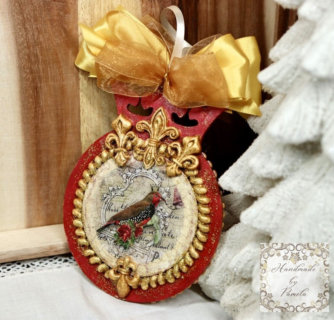 Handcrafted, Christmas Ornament, MDF, Decoupage, Mixed Media, Crown, Royalty, Bird, Vintage, Shabby Chic style, Gold, Red, Collectible