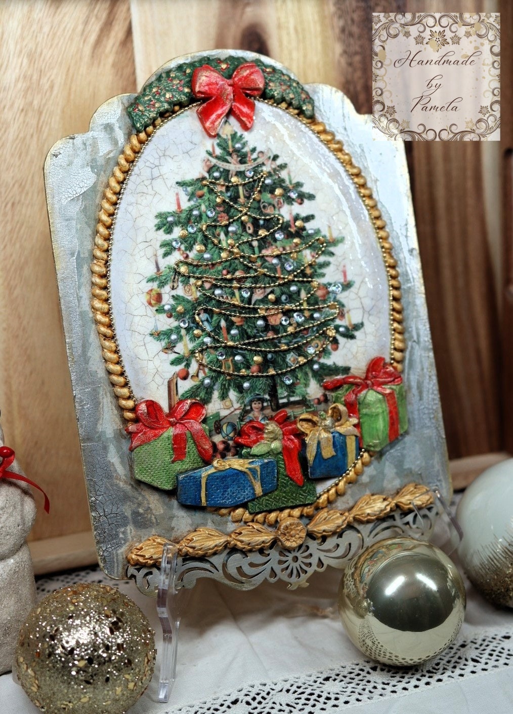 Handcrafted, Mixed Media, Holiday, Decoupage, Mixed Media, Christmas Tree, Presents, Decor, Plaque, Shabby Chic, Holiday Decoration, Panel