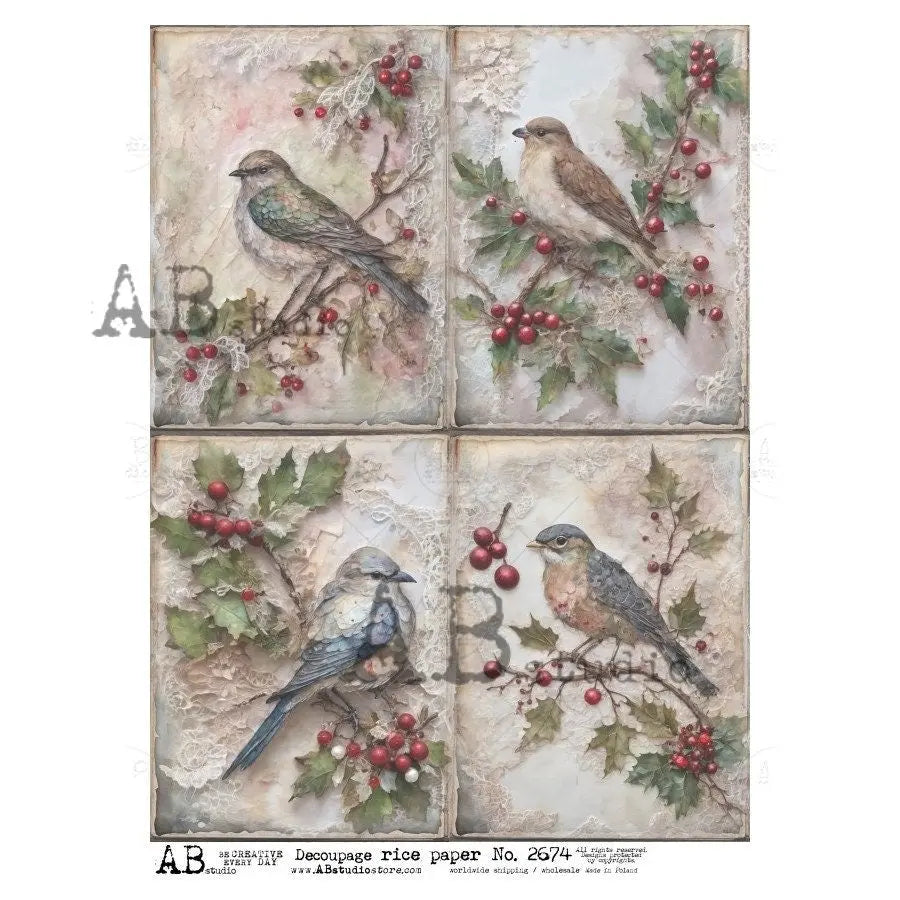 AB Studio, Rice Paper, Shabby Chic, Christmas, Blue Birds, Holly, Berries, Decorations, Holiday, Squares, ID-2674, A4 8.27x11.69 Decoupage AB Studio