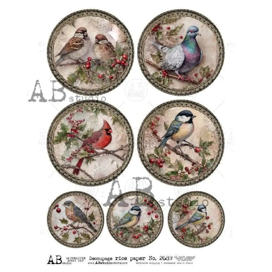AB Studio, Rice Paper, Shabby Chic, Christmas, Blue Birds, Cardinals, Ornaments, Circles, ID-2689, Ornaments, A4 8.27x11.69 Decoupage AB Studio
