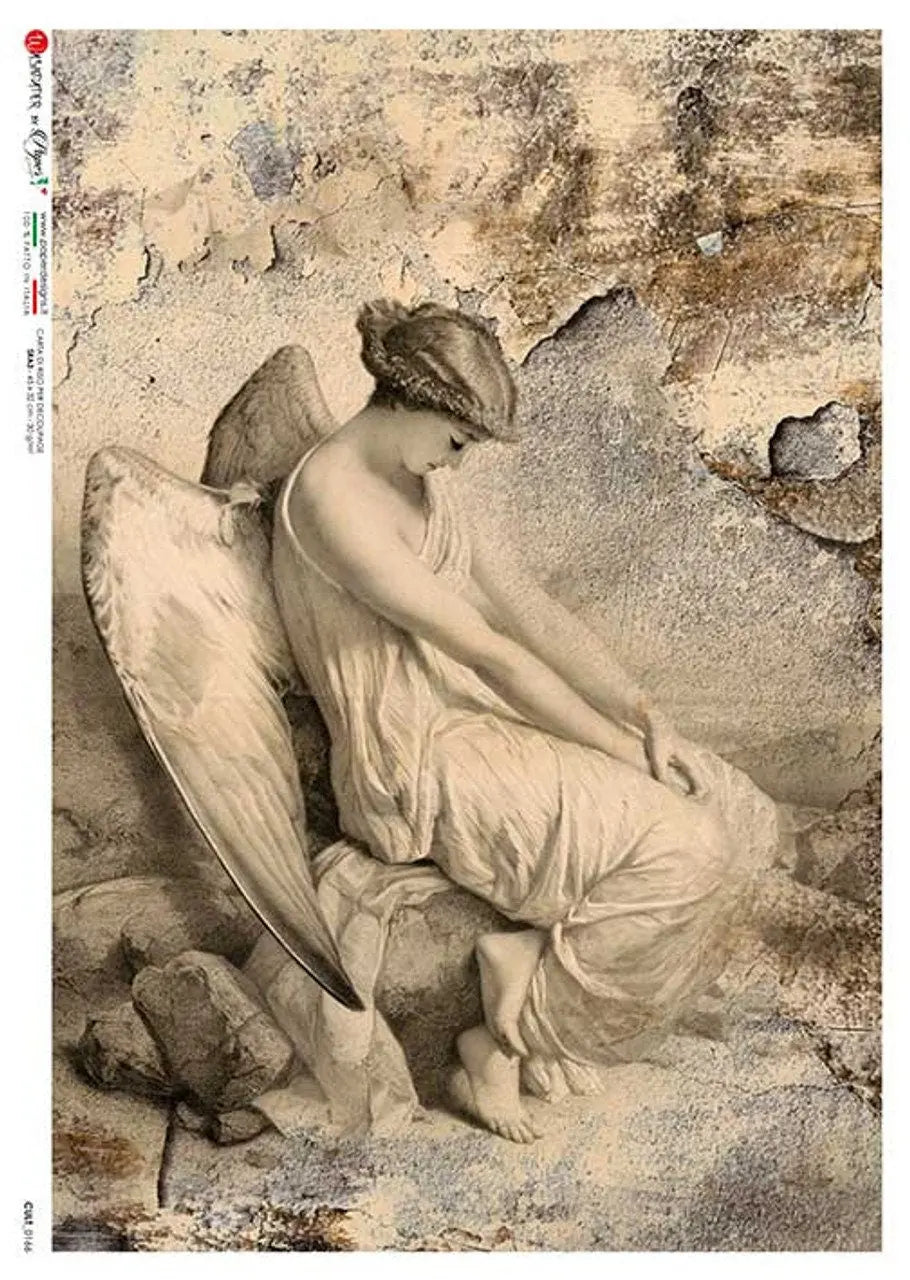 Paper Designs, Rice Paper, Decoupage, Celestial Angel 3, Angel on a Rock, CULT-0166, Shabby Chic, Vintage Style, A4, Italian Paper Designs
