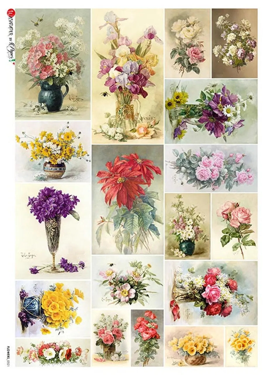 Paper Designs, Flowers, Squares, Victorian Floral Mini Paintings, Squares, Roses, 0321 A4, 8.3" X 11.7" Rice Paper, Decoupage Paper Designs