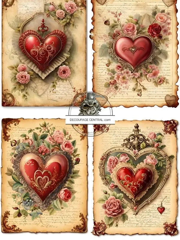 Decoupage Central, Christmas, Vintage, Hearts, Squares, Shabby Chic, Valentine, DC242, Rice Paper, Decoupage, Mixed Media, A4 8.27x11.69 in Decoupage Central