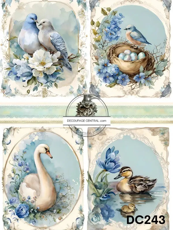 Decoupage Central, Rice Paper, Vintage, Easter, Swan, Birds, Blue, Flowers, Eggs, Shabby Chic, DC243, Mixed Media, A4 8.27x11.69 Decoupage Central