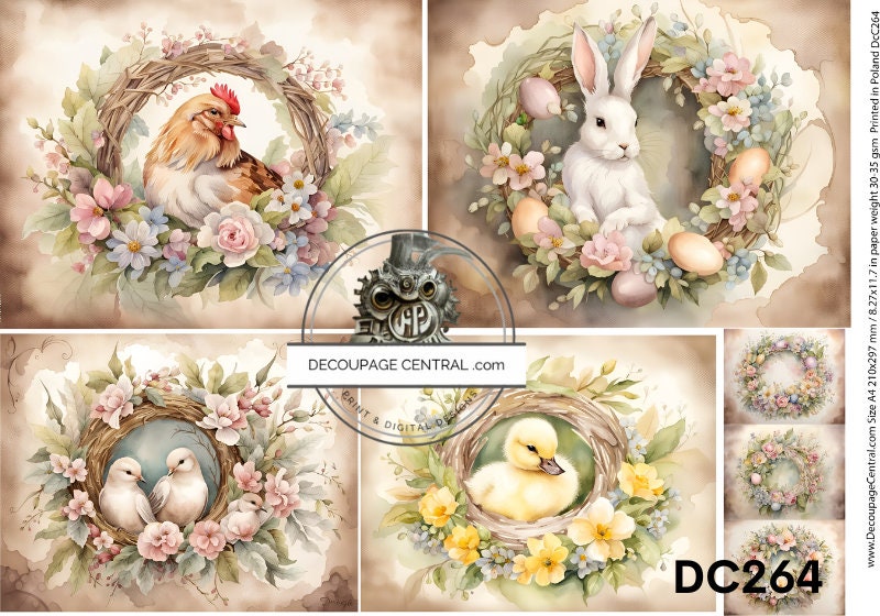 Decoupage Central, Rice Paper, Easter, Vintage, Spring, Animal, Hen, Wreaths, Eggs, Squares, Shabby Chic, DC264, Mixed Media, A4 8.27x11.69