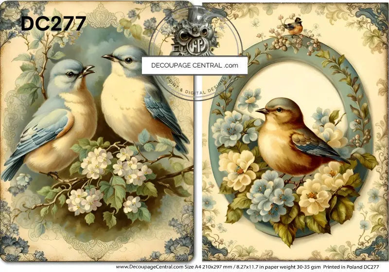 Decoupage Central, Rice Paper, Easter, Vintage, Blue Flowers, Birst, Antique Style, Squares, Shabby Chic, DC277, Mixed Media, A4 8.27x11.69 Decoupage Central