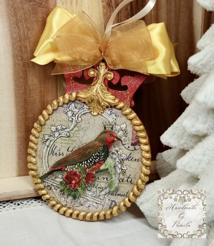 Handcrafted, Christmas Ornament, MDF, Decoupage, Mixed Media, Crown, Royalty, Bird, Vintage, Shabby Chic style, Gold, Red, Collectible